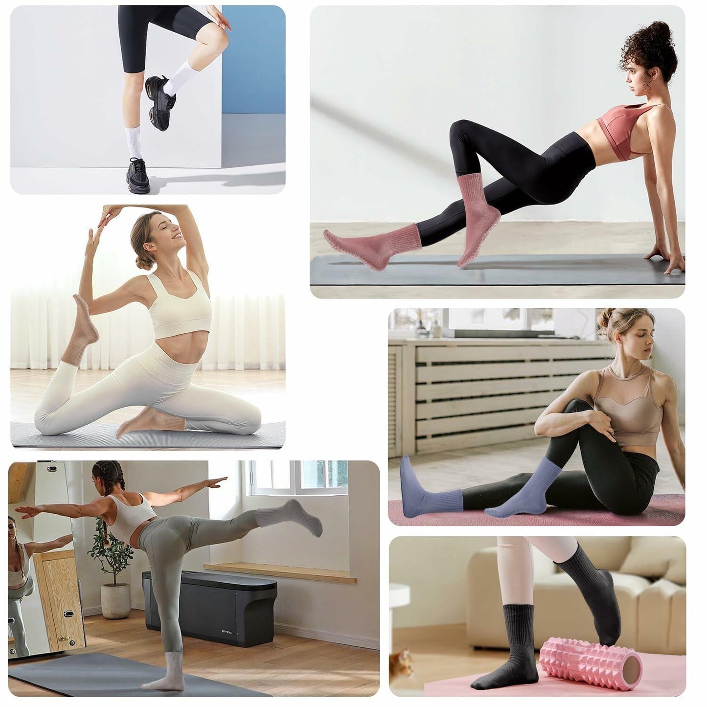 Pilates Socks with Grips Women Non Slip Cotton Yoga Ballet Crew 3 Pairs US 5-9