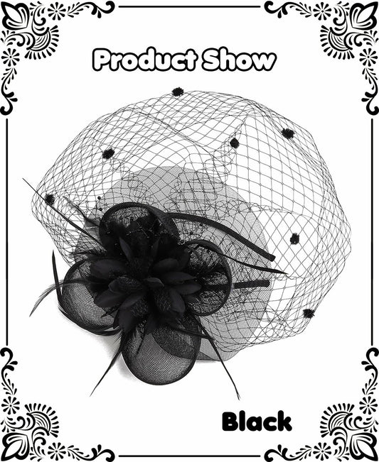 Kidukso Fascinators Hat Vintage 1920s Derby Mesh Veil Feathers Black