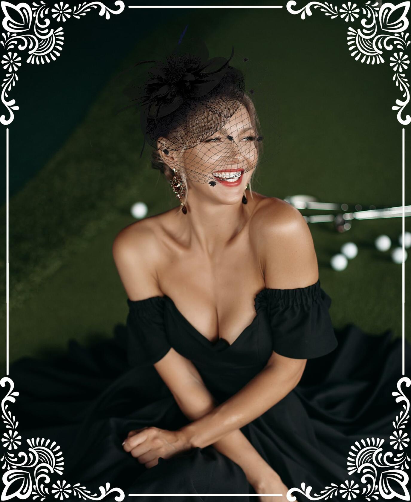 Kidukso Fascinators Hat Vintage 1920s Derby Mesh Veil Feathers Black