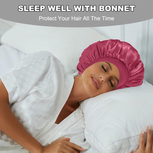 Satin Bonnet 2 Pack Silk Hair Bonnets Black Peacock Blue Pink