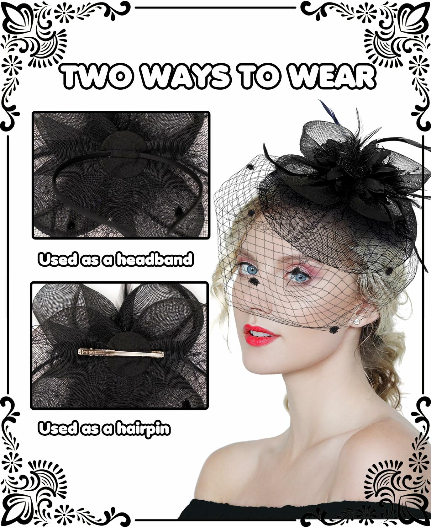 Kidukso Fascinators Hat Vintage 1920s Derby Mesh Veil Feathers Black
