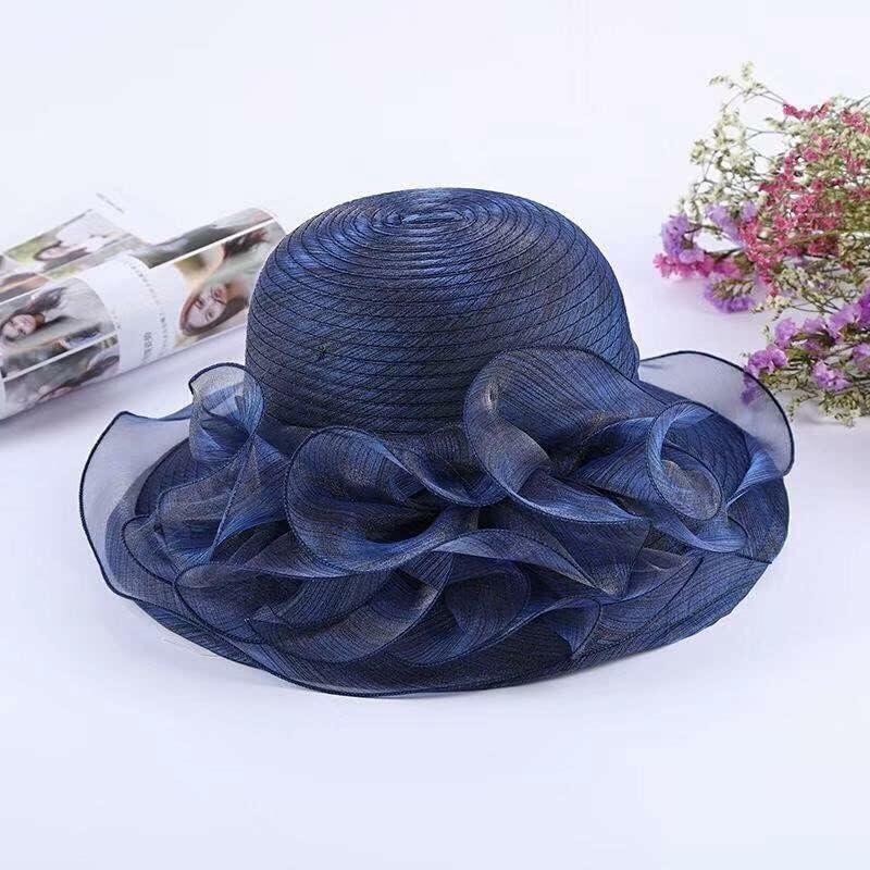 Women Organza Derby Sun Hat Kentucky Fascinator Flower Bridal Straw Navy