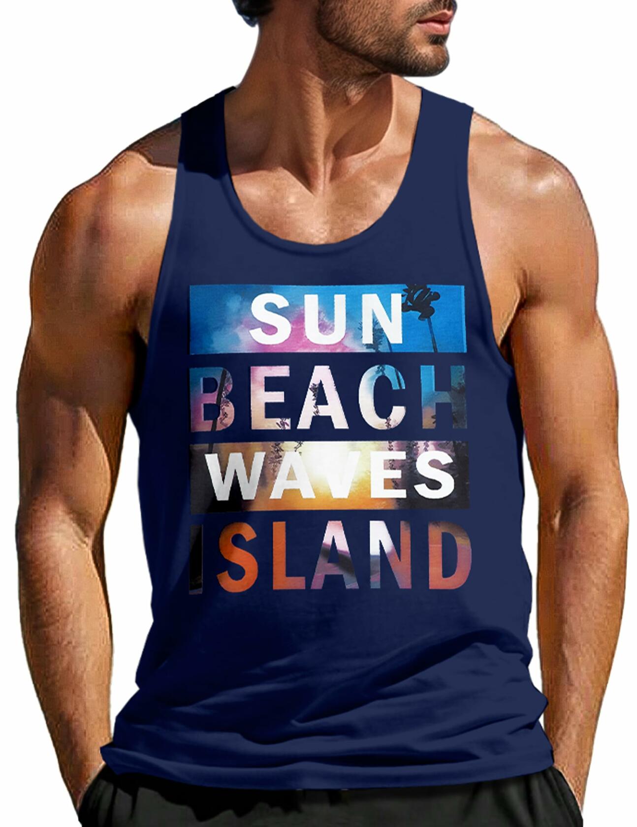 Men's Graphic Letter Printed Muscle Tank Top Blue Size Large