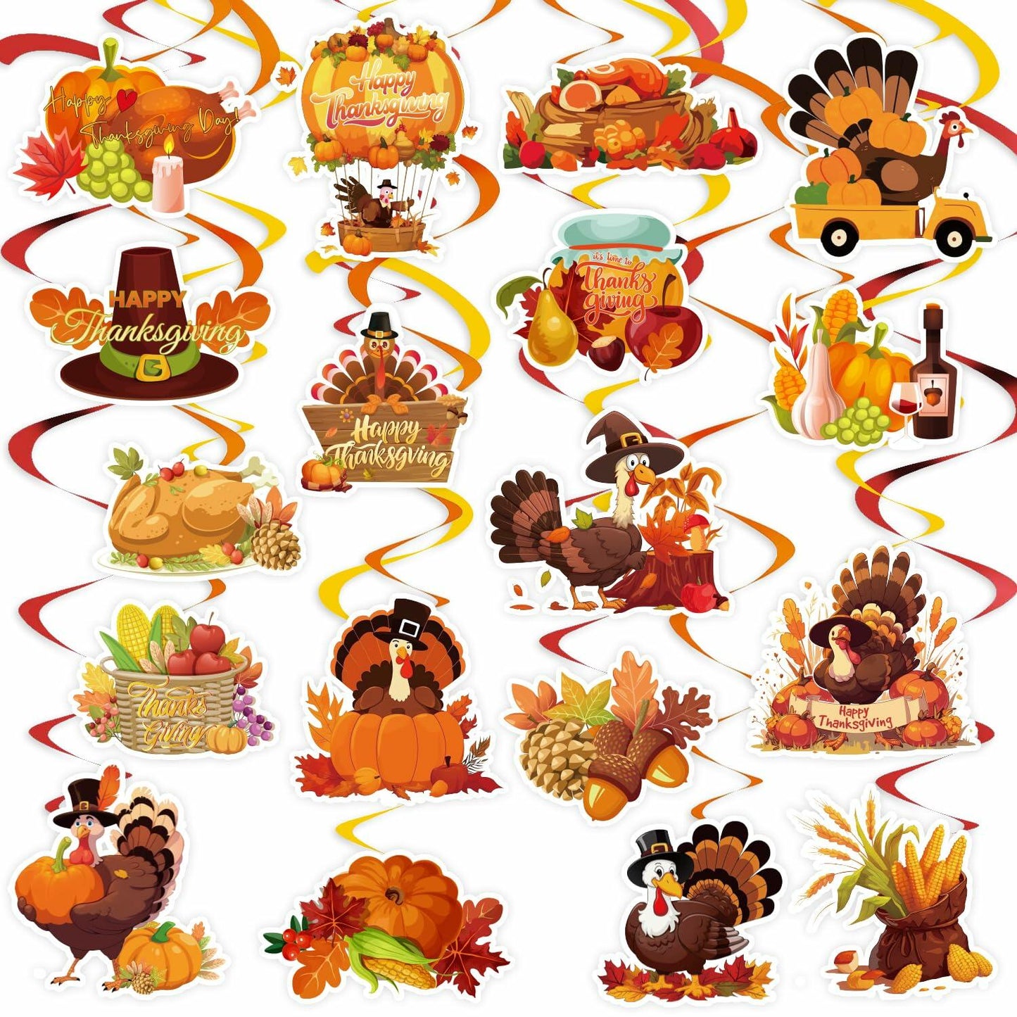 36 PCS Thanksgiving Hanging Swirls Ceiling Streamers Turkey Pumpkin Leaves