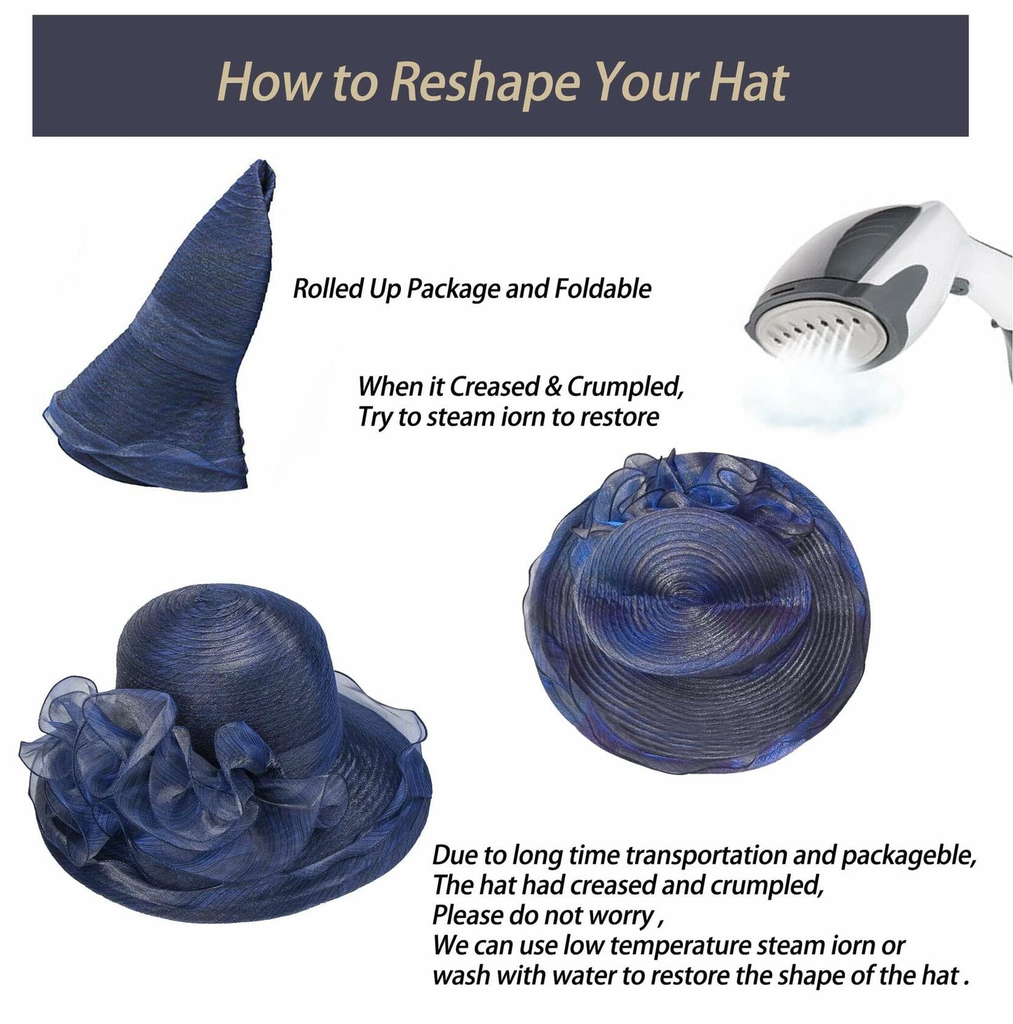 Women Organza Derby Sun Hat Kentucky Fascinator Flower Bridal Straw Navy