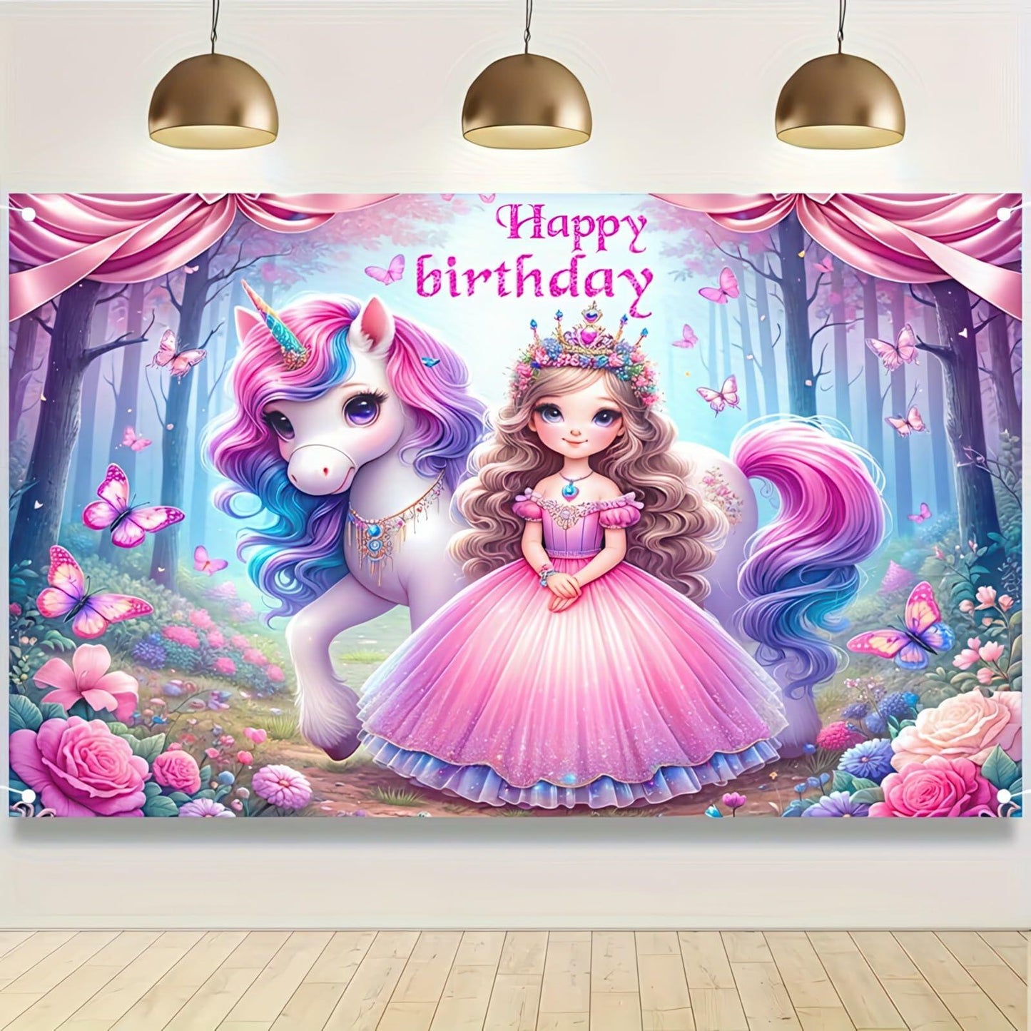 Blissyard Crowned Princess Unicorn Birthday Banner 71x43 Inch Polyester