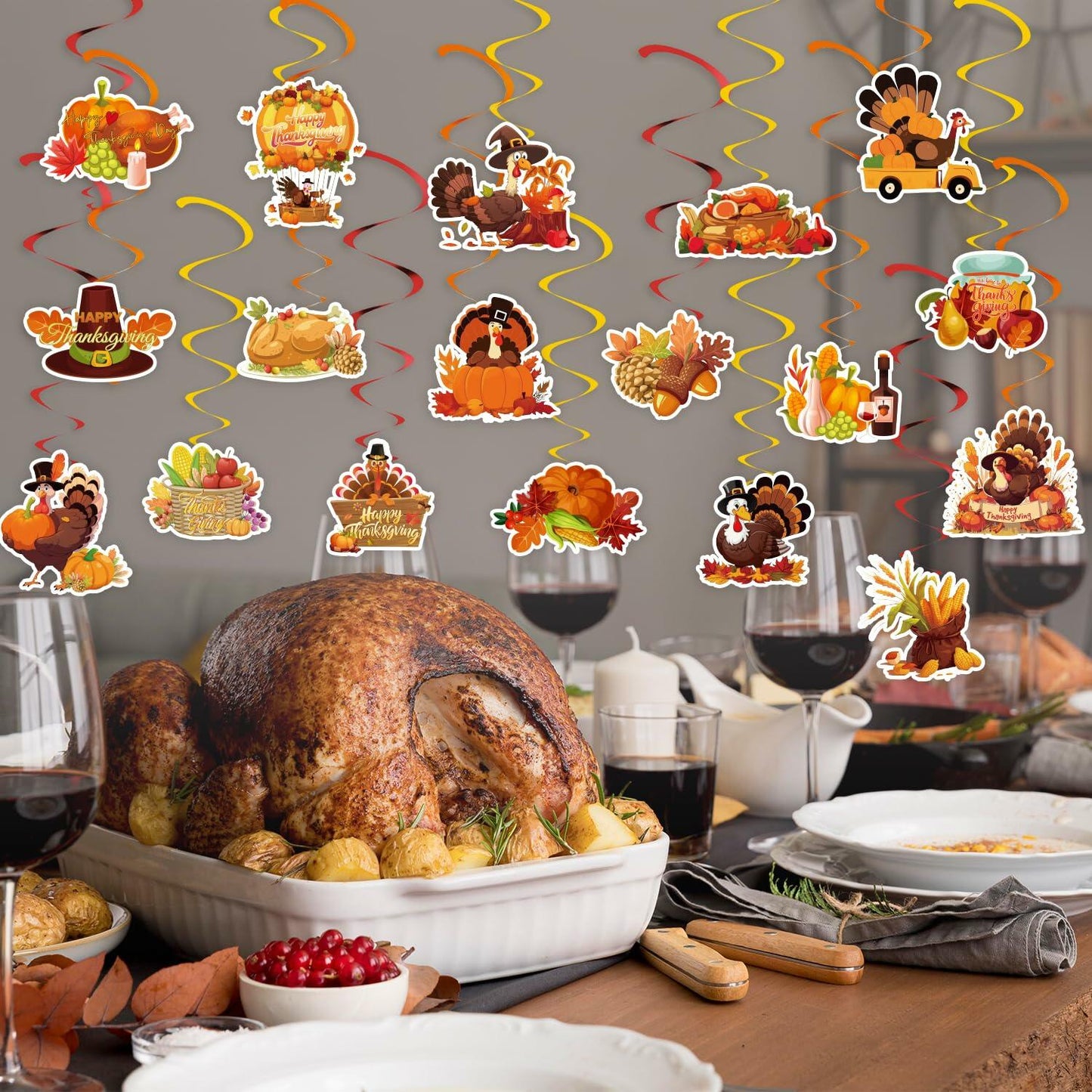 36 PCS Thanksgiving Hanging Swirls Ceiling Streamers Turkey Pumpkin Leaves