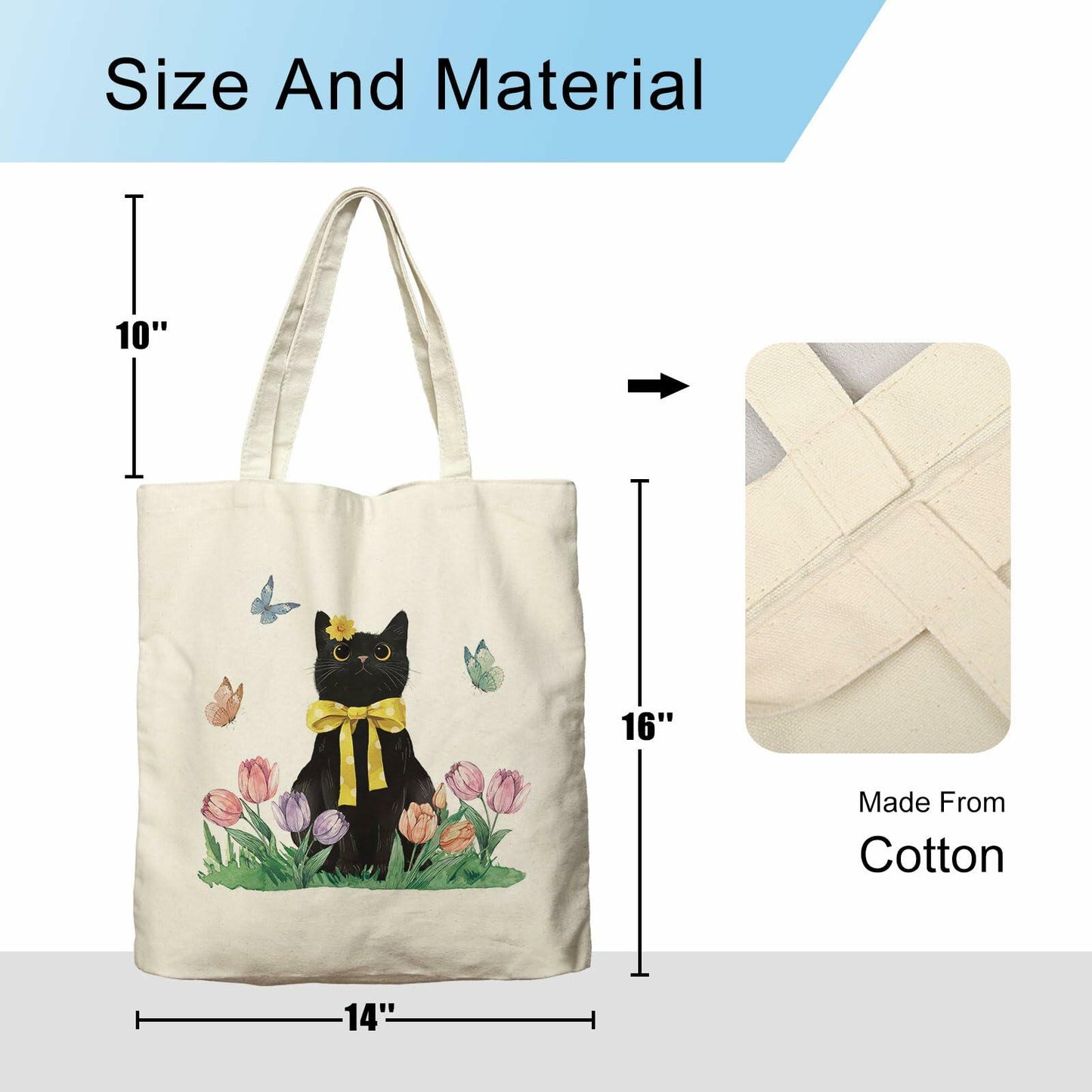 Dlzdn Spring Cat Tulip Floral Tote Bag Black Reusable Grocery Beach Bag