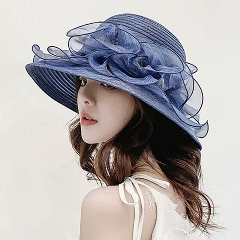 Women Organza Derby Sun Hat Kentucky Fascinator Flower Bridal Straw Navy
