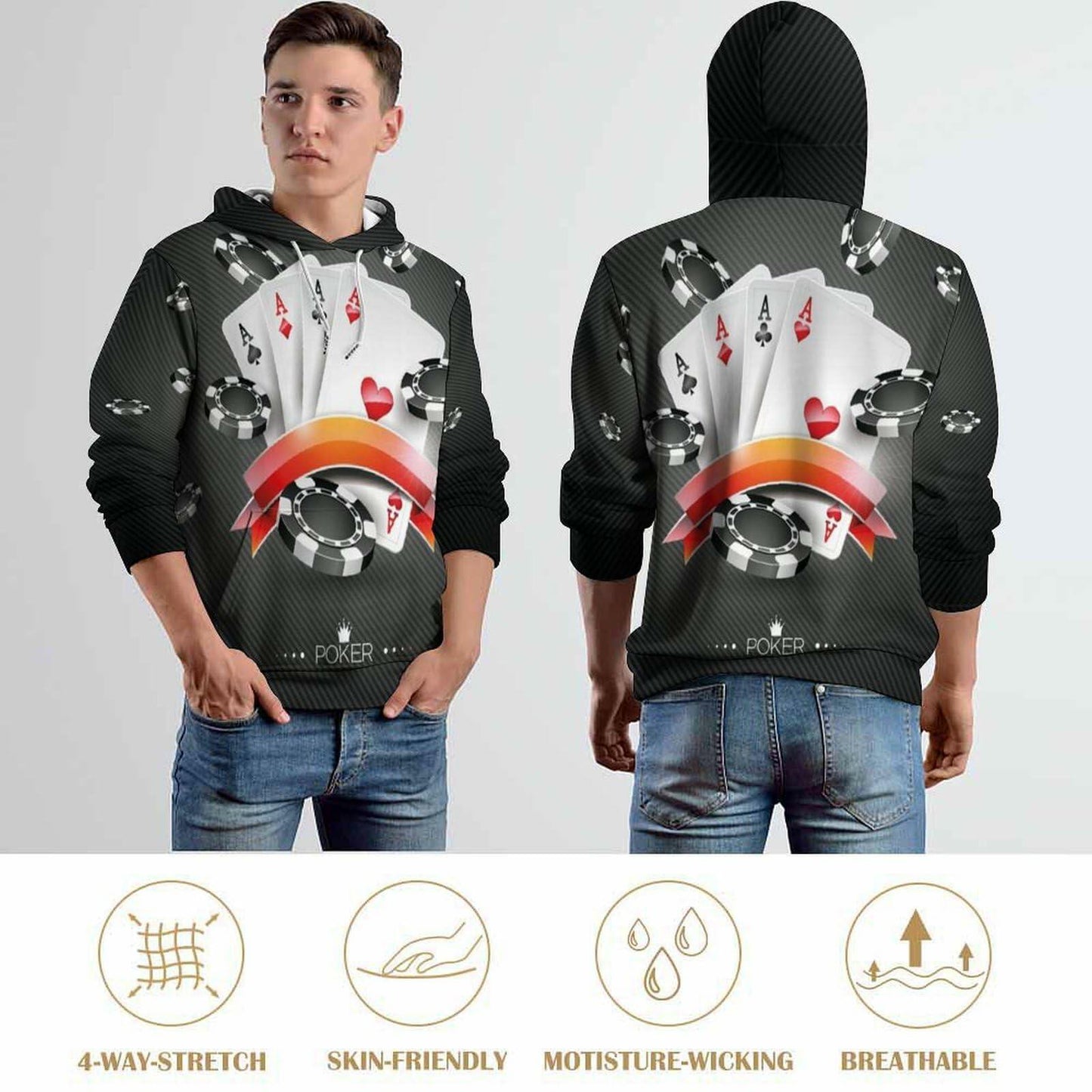 Cerbukt Men's 3D Novelty Hoodie Poker Cards Spread Chips Size 2XL