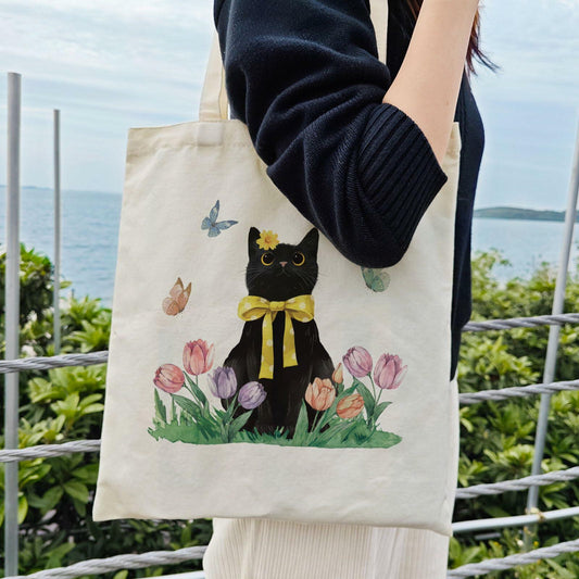 Dlzdn Spring Cat Tulip Floral Tote Bag Black Reusable Grocery Beach Bag