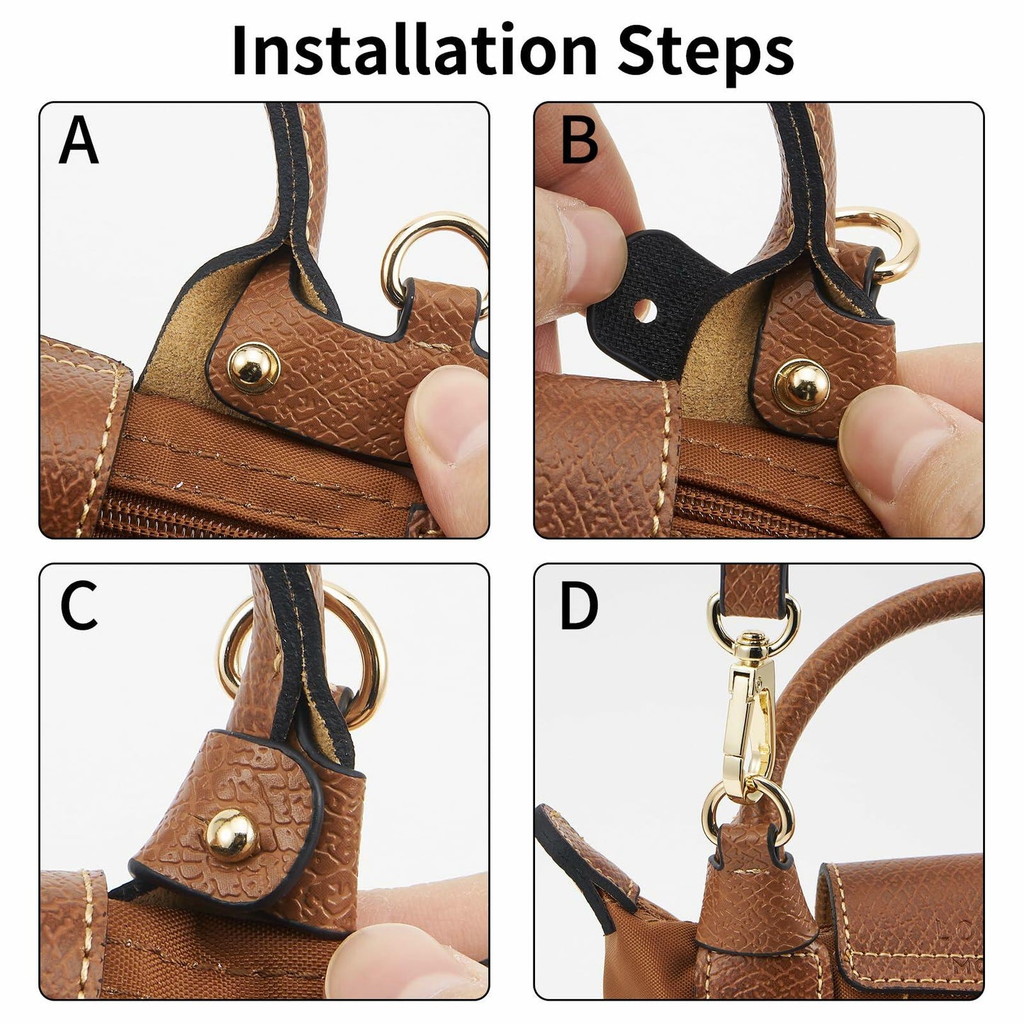 DEVPSISR Leather Adjustable Purse Strap for Longchamp Handbag Black Silver
