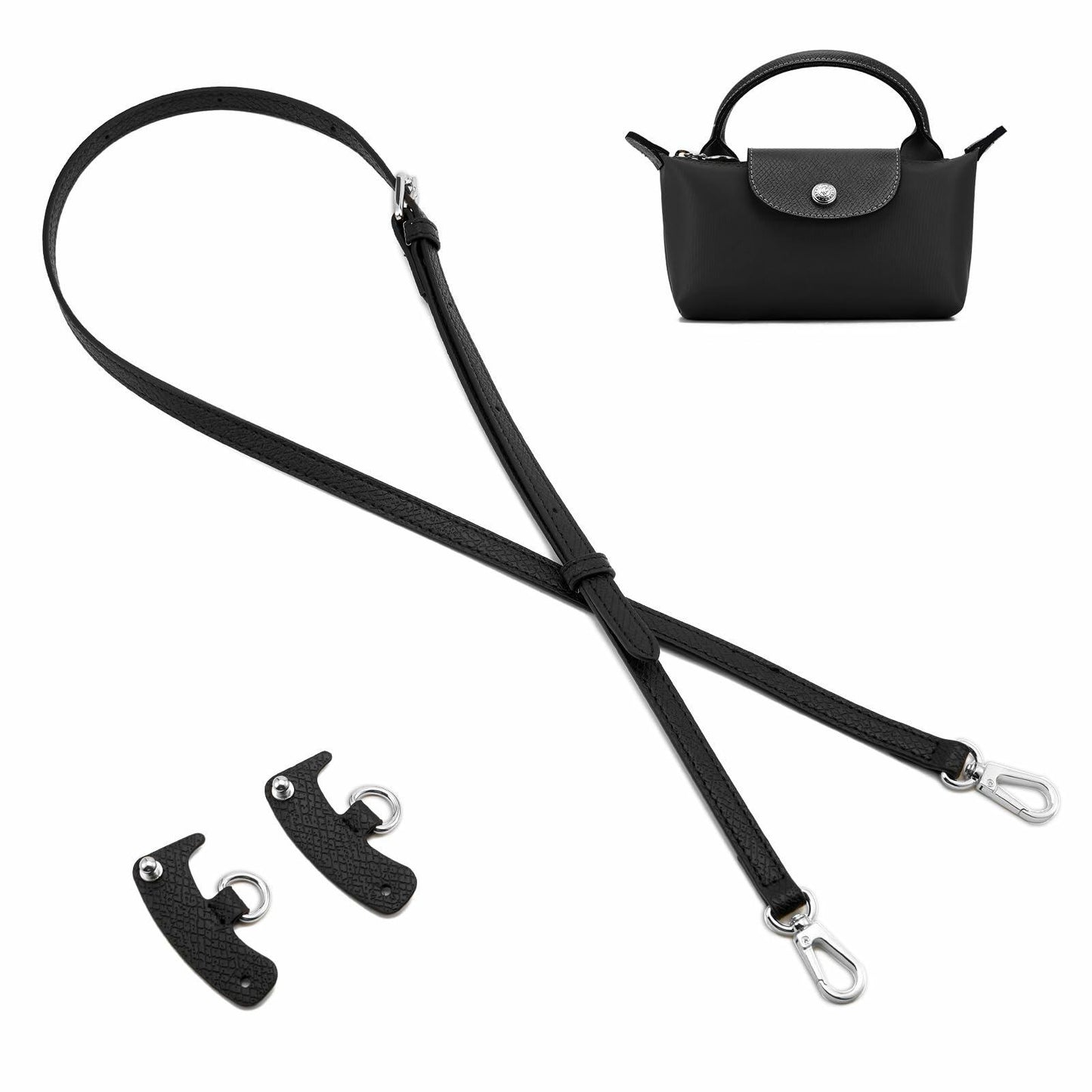 DEVPSISR Leather Adjustable Purse Strap for Longchamp Handbag Black Silver