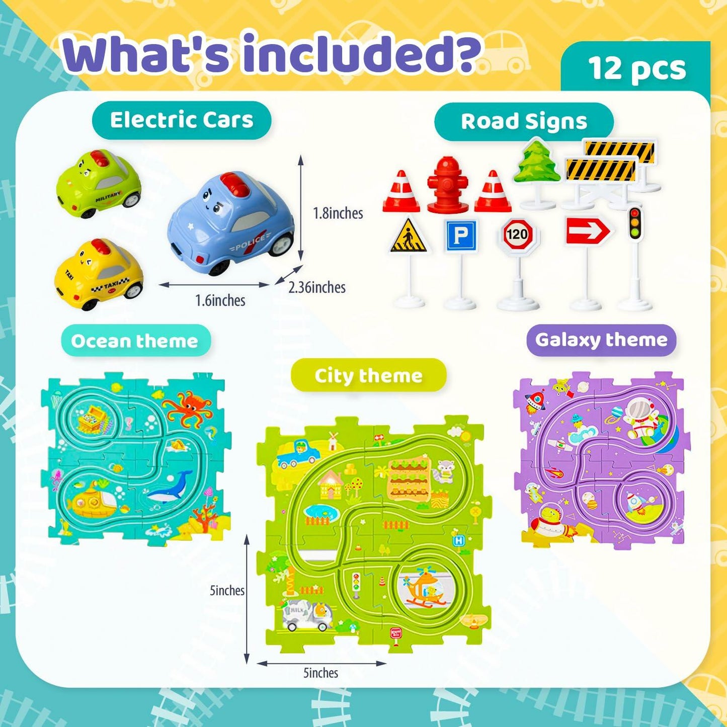 Marlo & Buzz Puzzle Racer Kids Car Track Play Set 12-Piece Multi-Theme