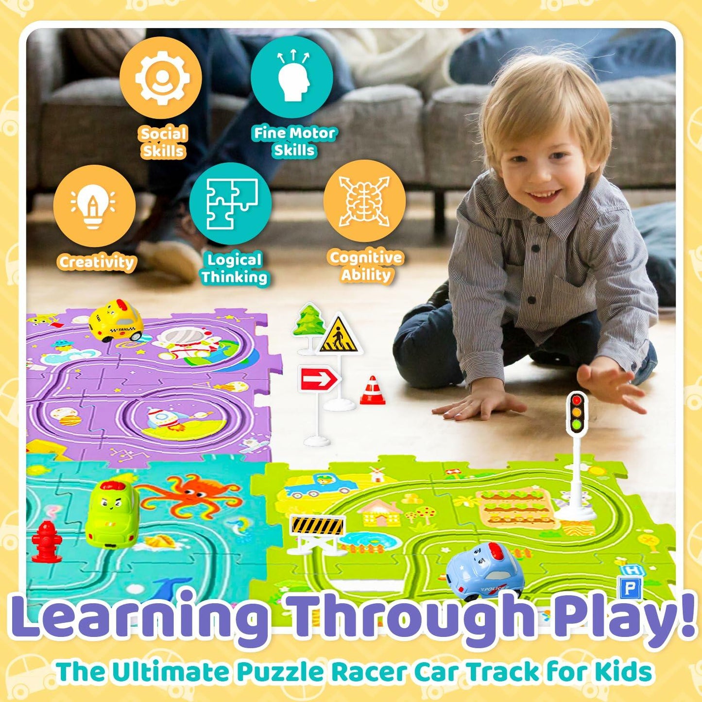 Marlo & Buzz Puzzle Racer Kids Car Track Play Set 12-Piece Multi-Theme