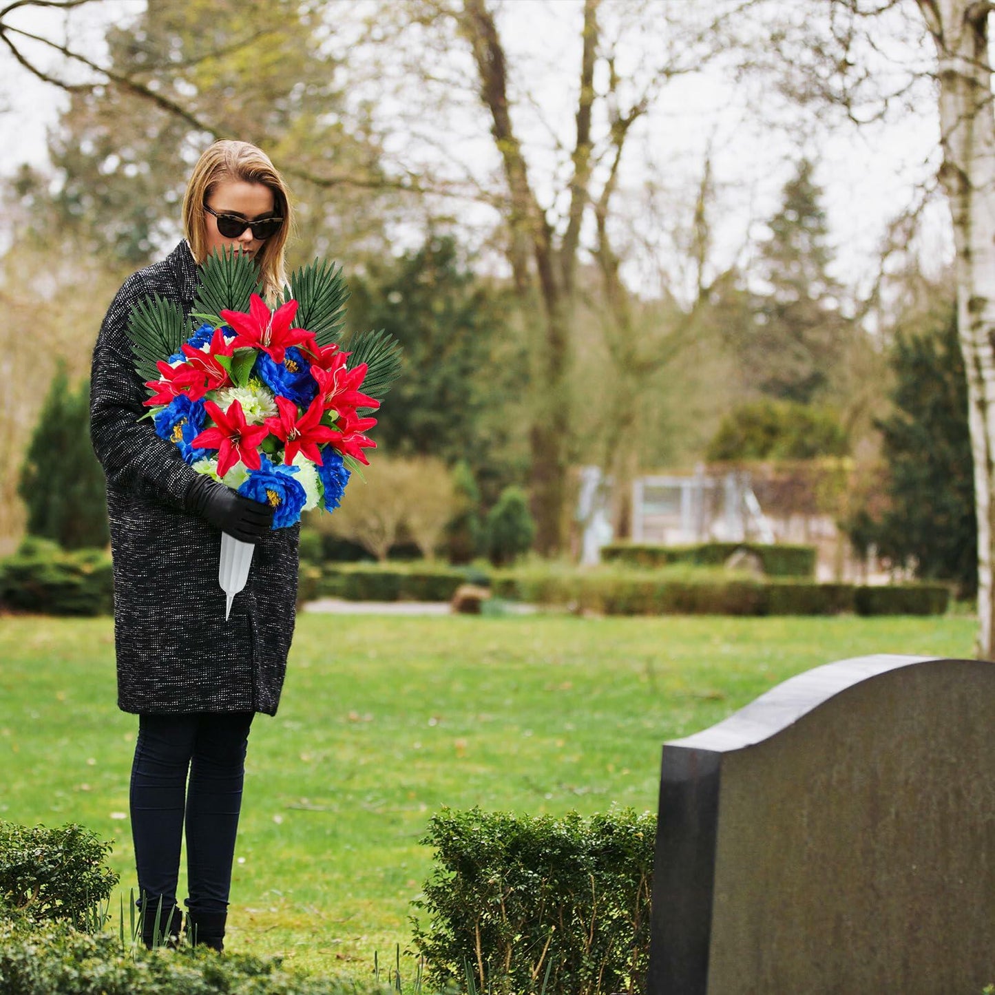 Riceshoot Artificial Memorial Red Lily Bouquet for Gravesite, Single Stem