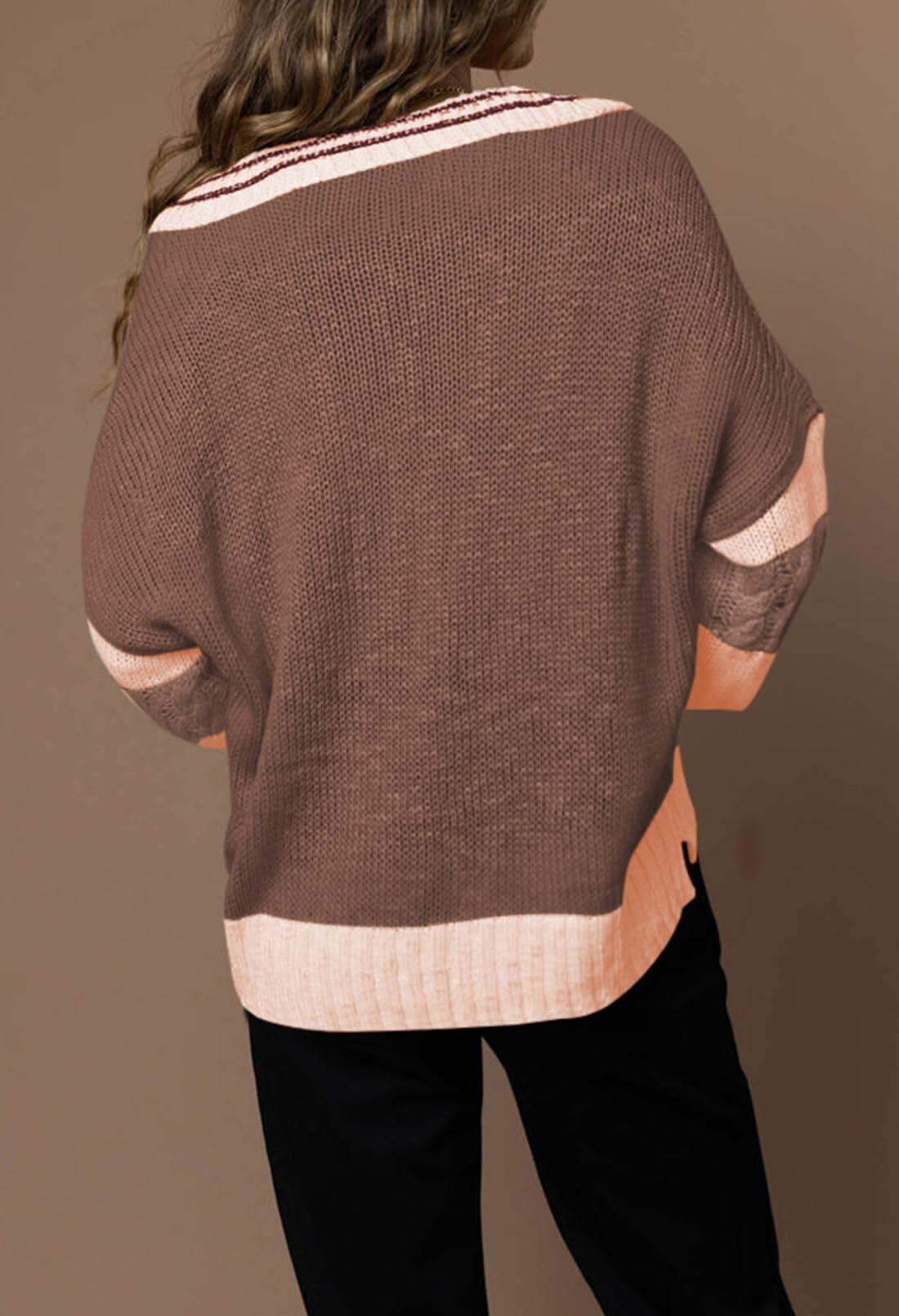 Women's Pullover Sweater Lapel Collar V Neck Cable Knit Wood Brown Size XL