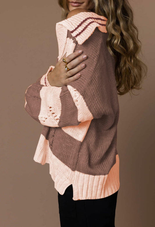 Women's Pullover Sweater Lapel Collar V Neck Cable Knit Wood Brown Size XL