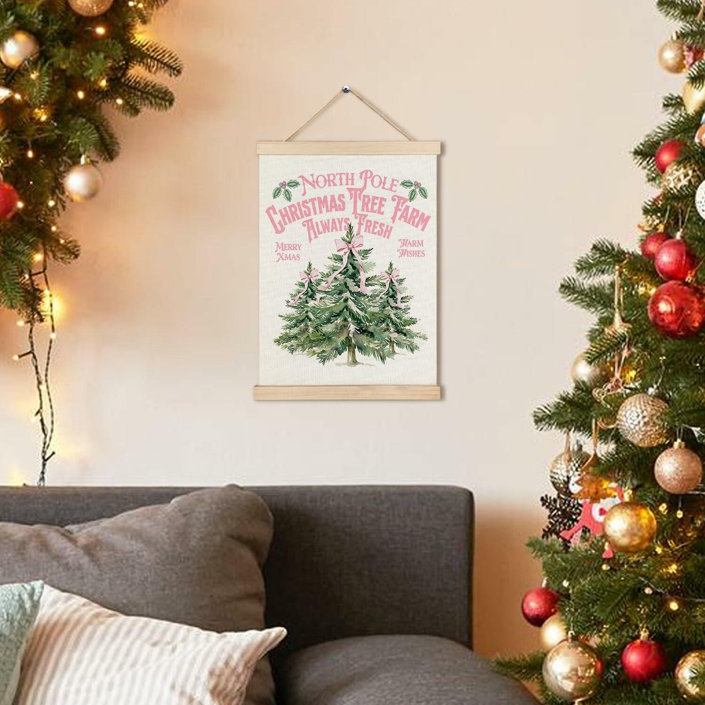 North Pole Village Christmas Wall Decor Pink Bows 12x16 Inch Farmhouse Art