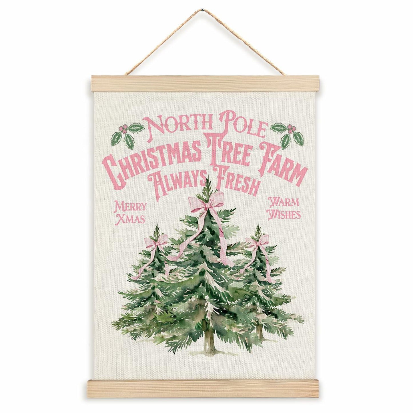 North Pole Village Christmas Wall Decor Pink Bows 12x16 Inch Farmhouse Art