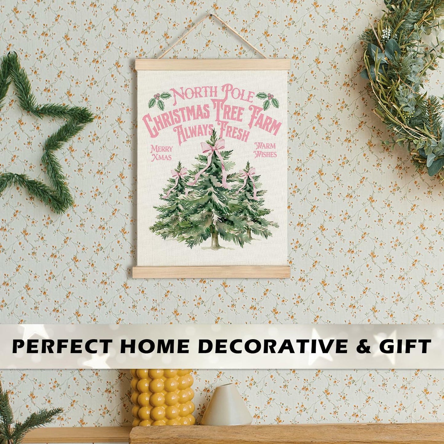 North Pole Village Christmas Wall Decor Pink Bows 12x16 Inch Farmhouse Art
