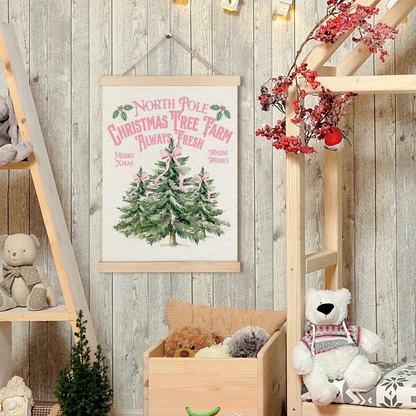 North Pole Village Christmas Wall Decor Pink Bows 12x16 Inch Farmhouse Art