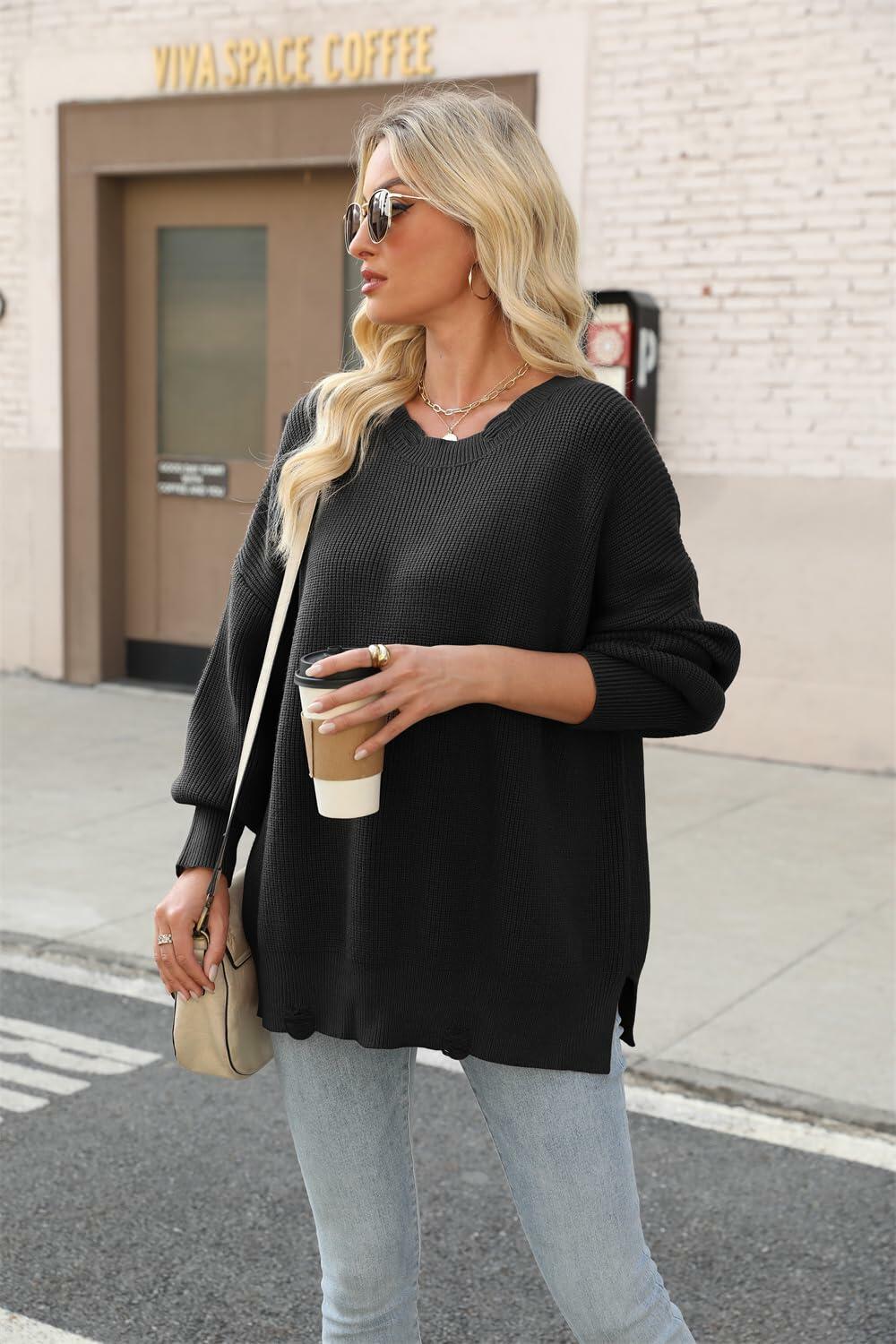 Women’s 2024 Fall Oversized Ripped Knit Sweater White Pullover Top Size M