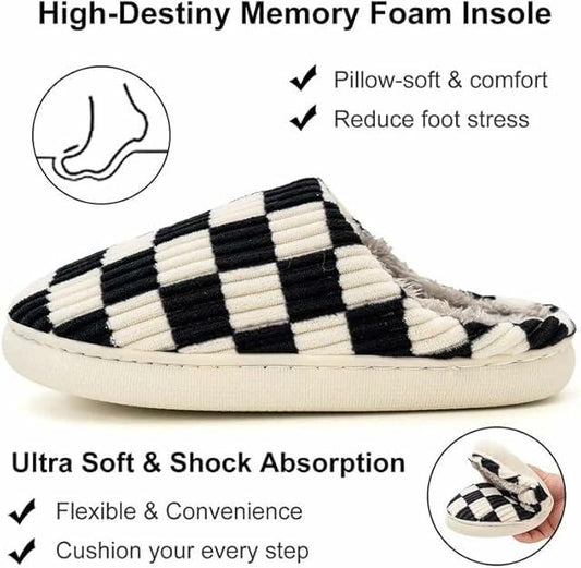kissxiaoya Unisex Plaid Memory Foam House Slippers Black Size 4-4.5