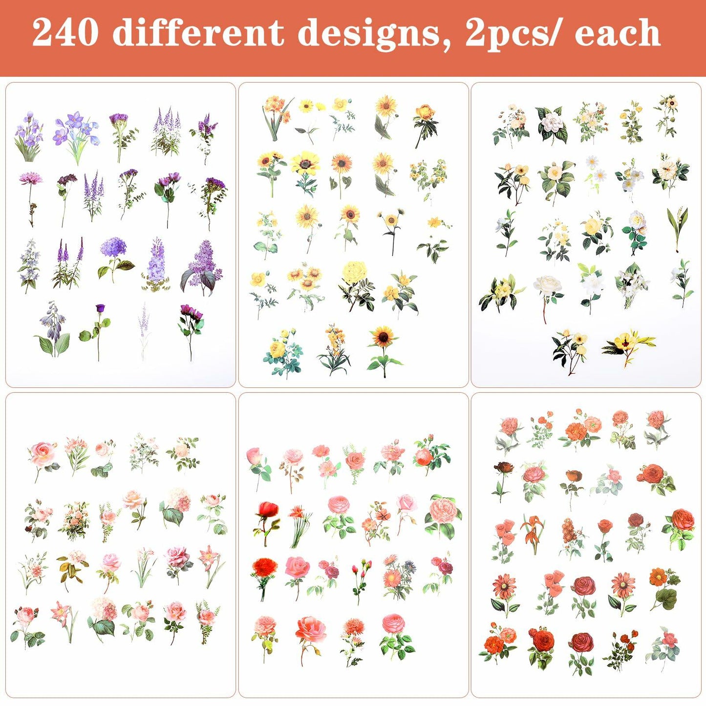 240pcs Transparent Waterproof Botanical Flower Stickers Set for Journaling