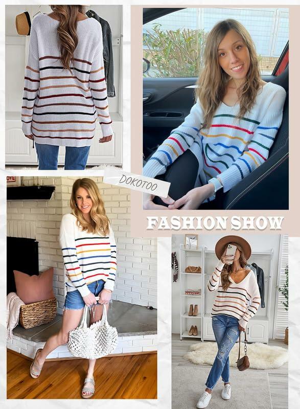 Dokotoo Womens V-Neck Off Shoulder Striped Ribbed Knit Pullover Black Size L