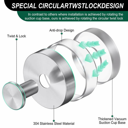 LECHI Stainless Steel Suction Cup Hook Waterproof No Drill Silver 1pc