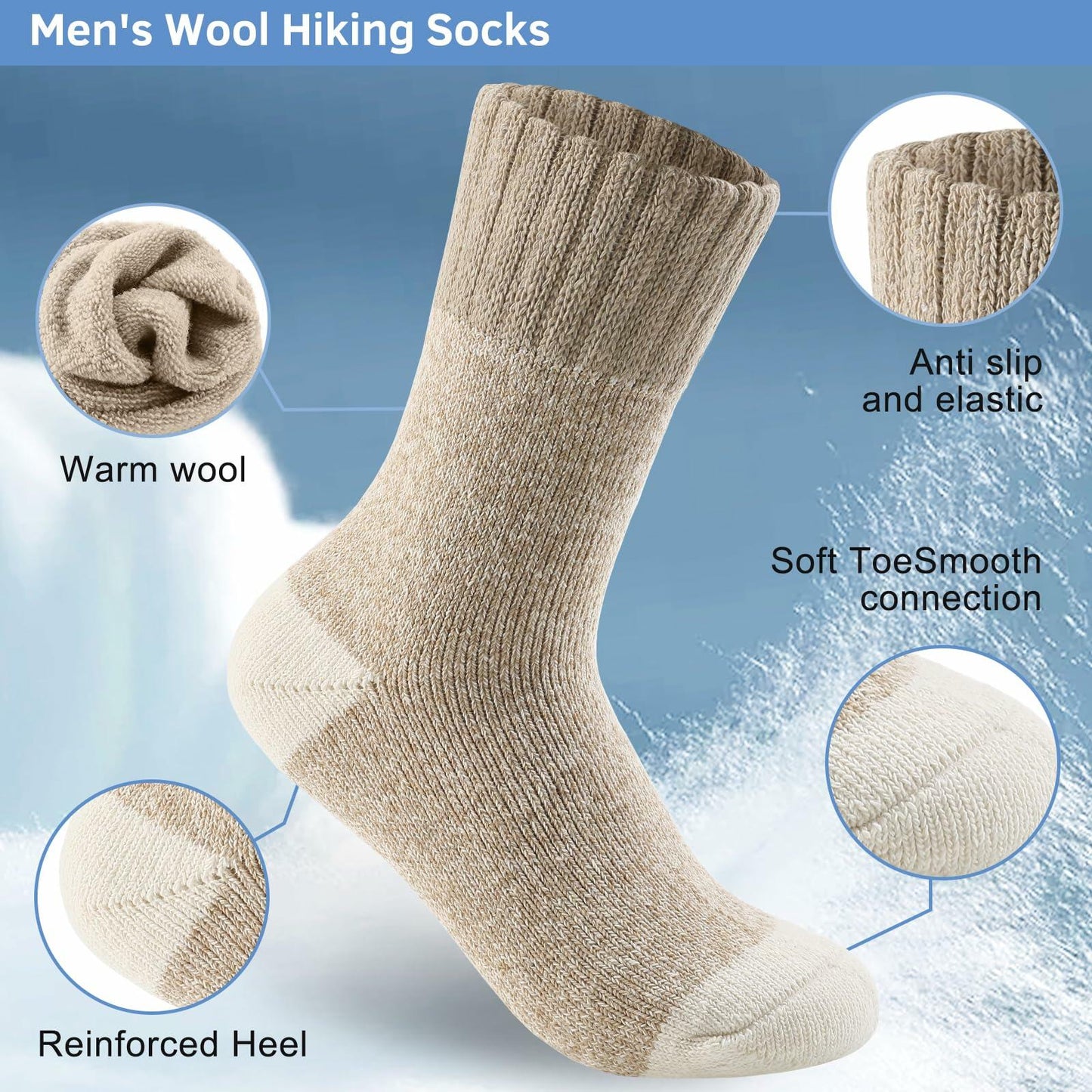 ATTIQOZI Men's Merino Wool Thermal Crew Socks Gray Khaki Blue 6 Pairs Size 8-13