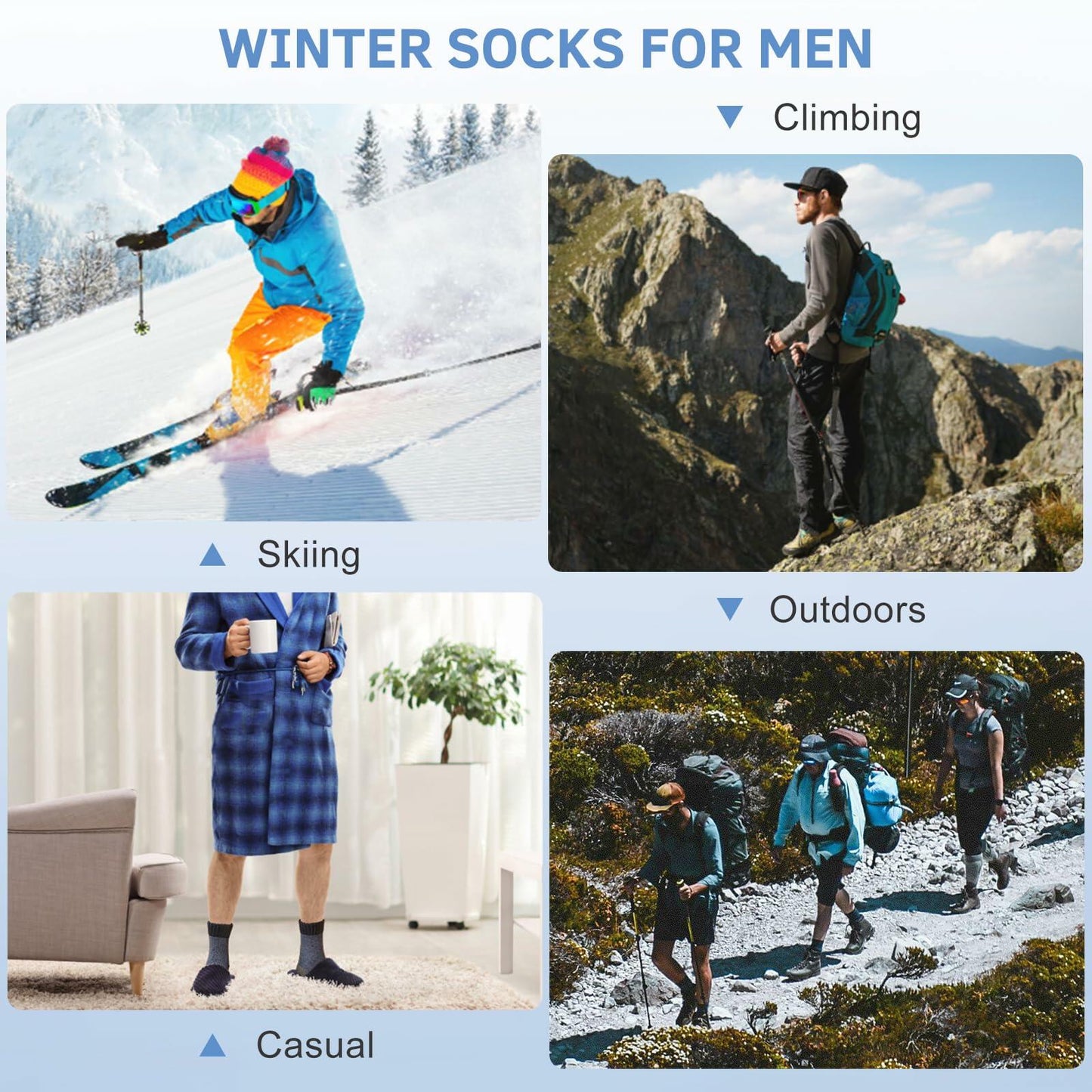 ATTIQOZI Men's Merino Wool Thermal Crew Socks Gray Khaki Blue 6 Pairs Size 8-13