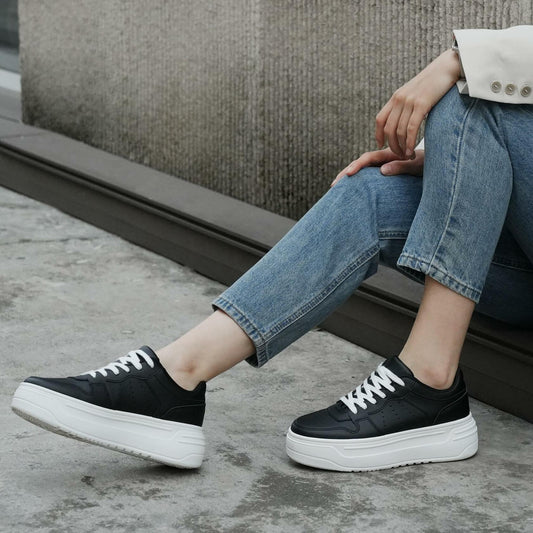 JABASIC Women Platform Sneakers Low Top Lace Up Walking Shoes Black Size 7