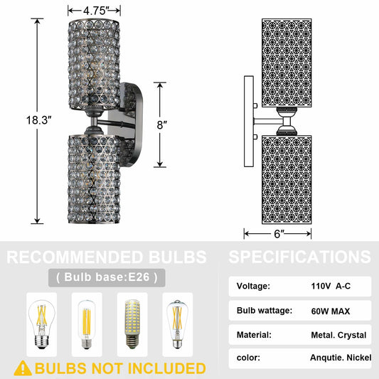 Dolaimy 1 Light Crystal Shade Wall Sconce Black 4.75" 2 Pack