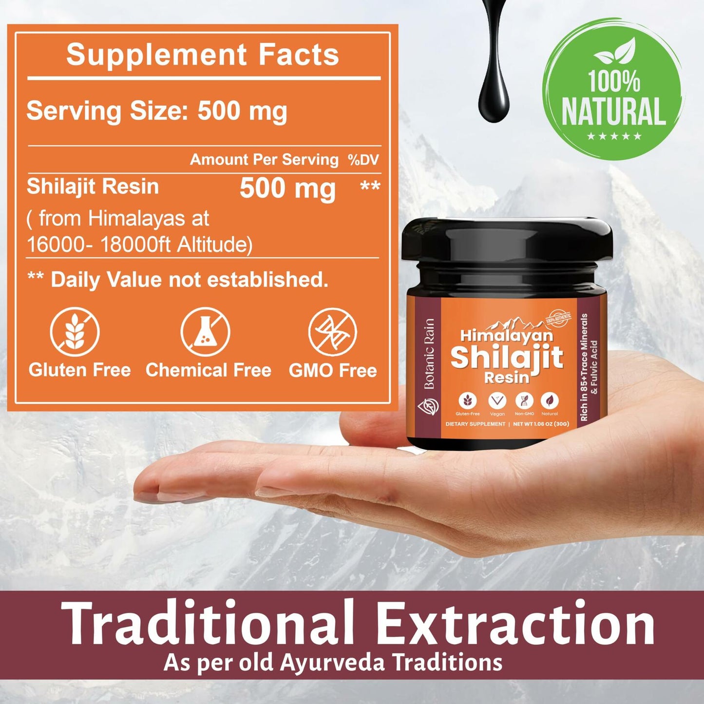 BestBy02/27 Botanic Rain Himalayan Shilajit Resin 85+ Minerals 1.06 oz