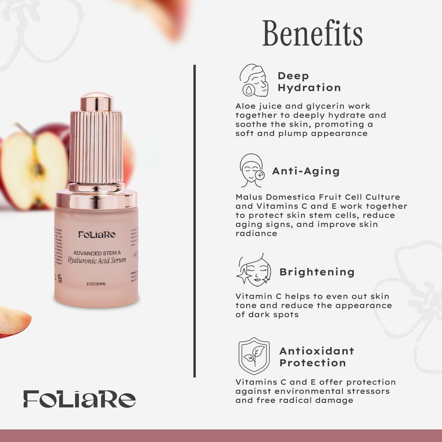 Foliare Hyaluronic Acid Face Serum Apple Stem Cells Vitamin C 1 oz