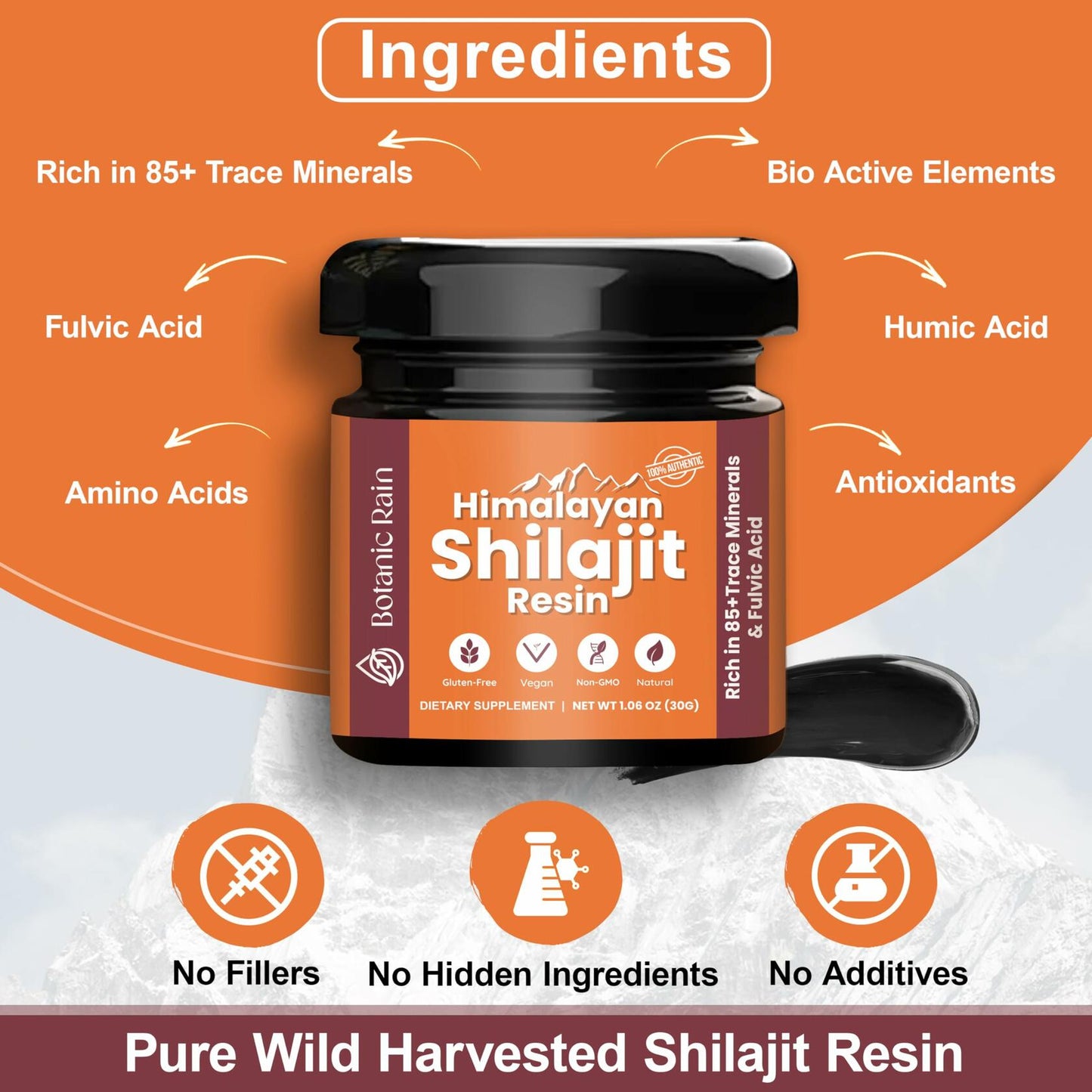BestBy02/27 Botanic Rain Himalayan Shilajit Resin 85+ Minerals 1.06 oz