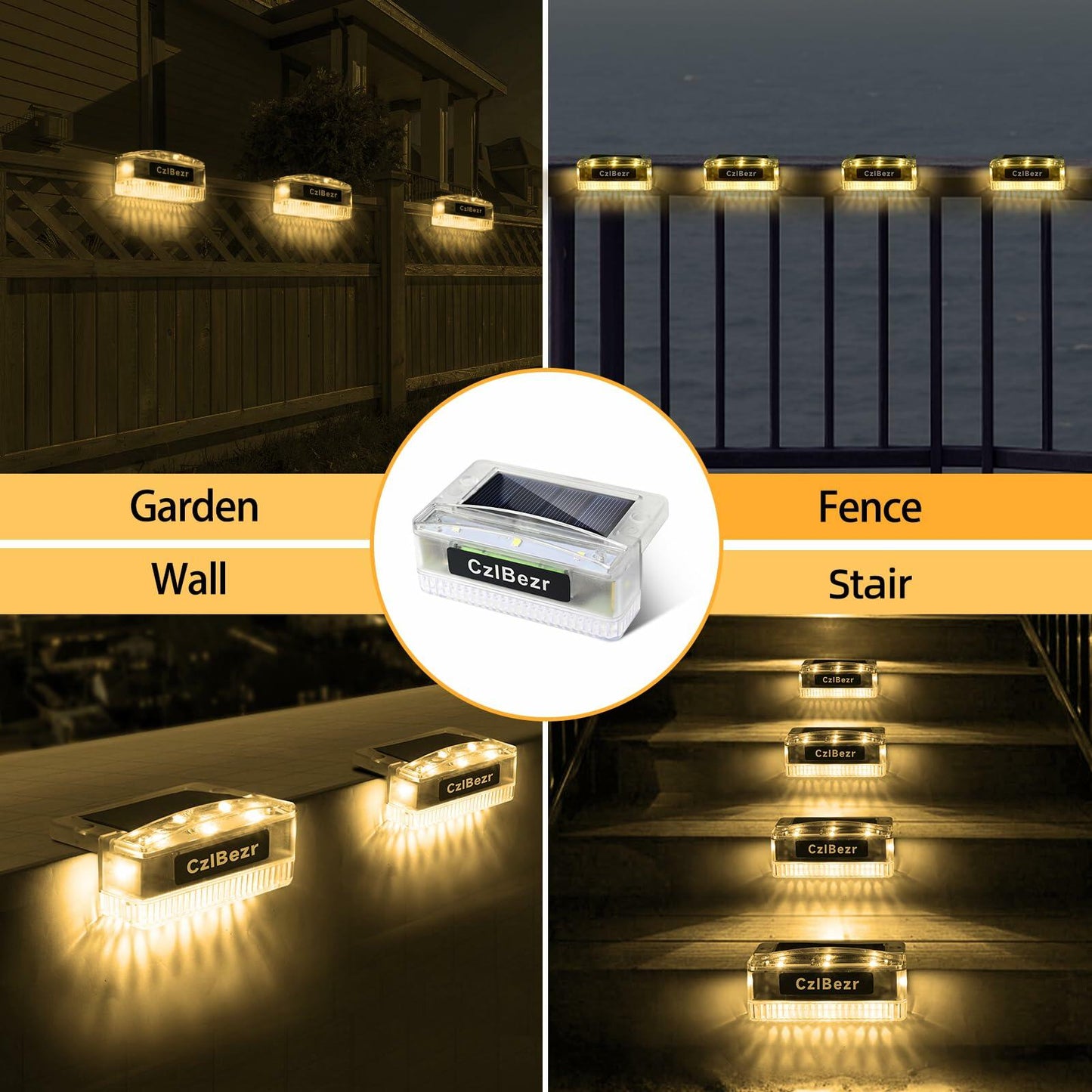 CzlBezr Solar Deck Lights 8 LEDs Outdoor Waterproof Warm Light 4Pack