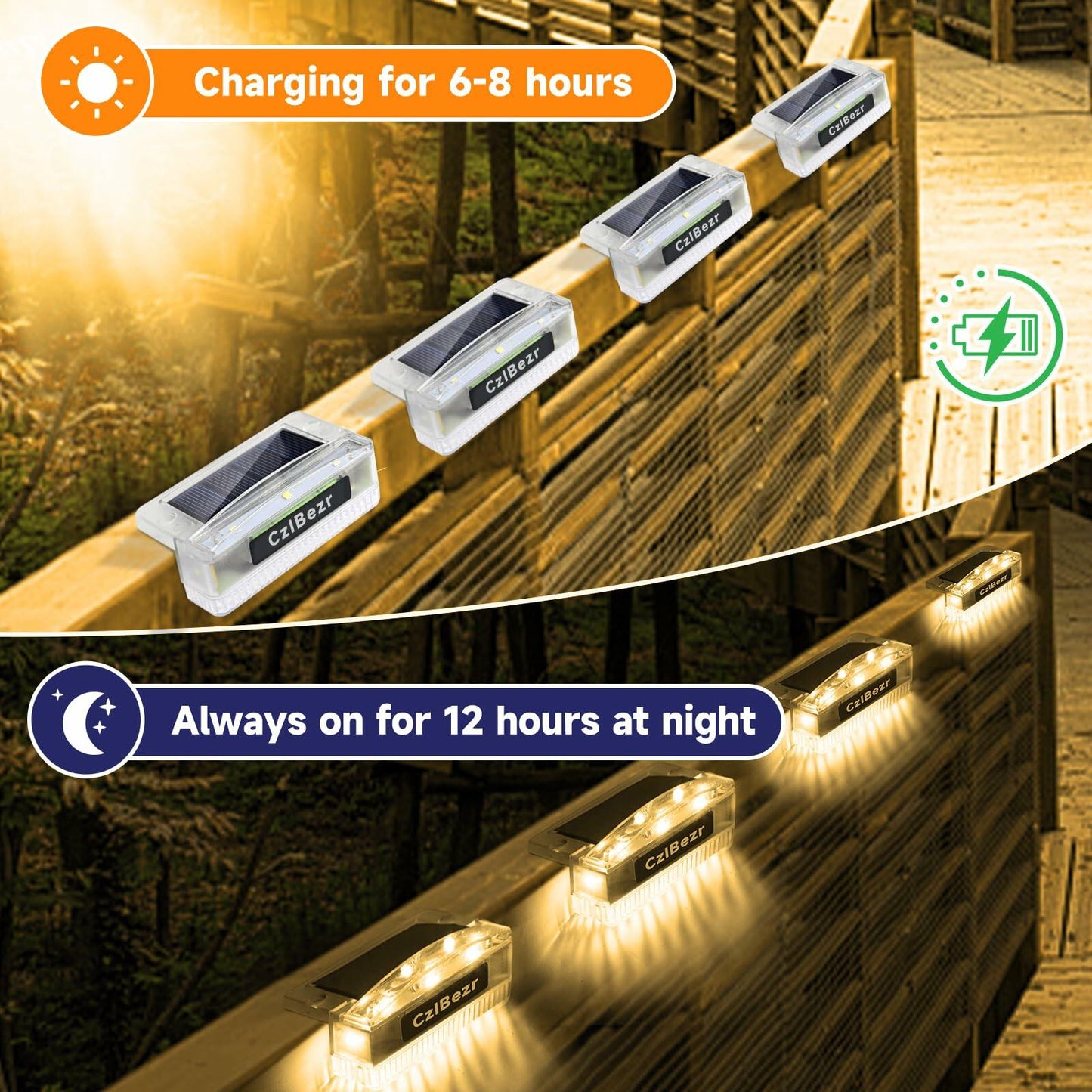 CzlBezr Solar Deck Lights 8 LEDs Outdoor Waterproof Warm Light 4Pack