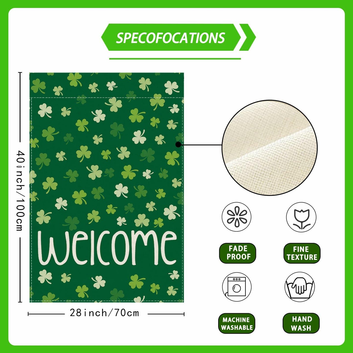 ZAEW St. Patrick's Day Shamrocks Burlap House Flag 28x40 Inch Green Double Sided