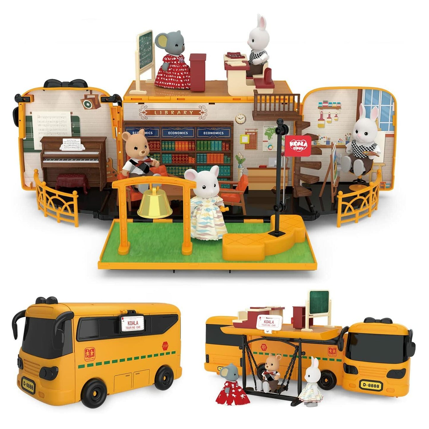 Kids Dollhouse Playset Portable School Bus with 46 Accessories Multicolor