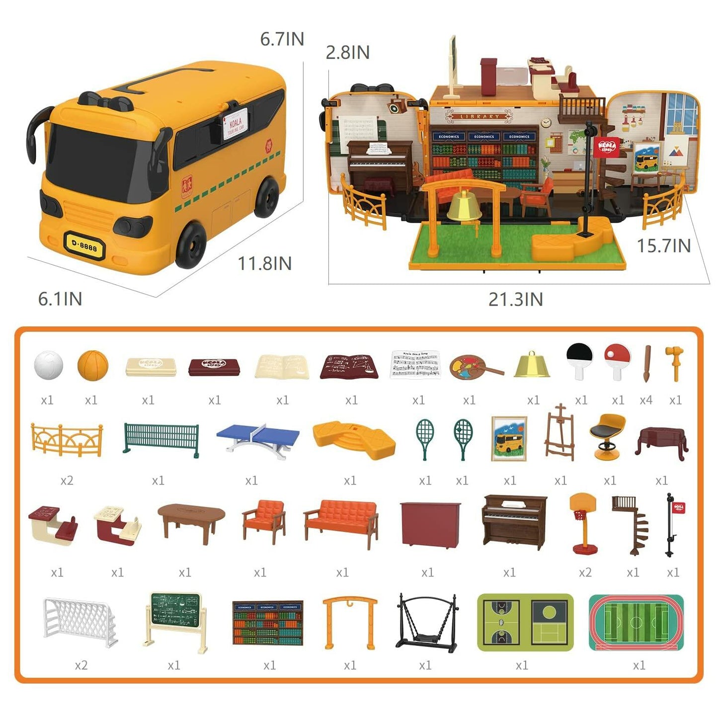 Kids Dollhouse Playset Portable School Bus with 46 Accessories Multicolor