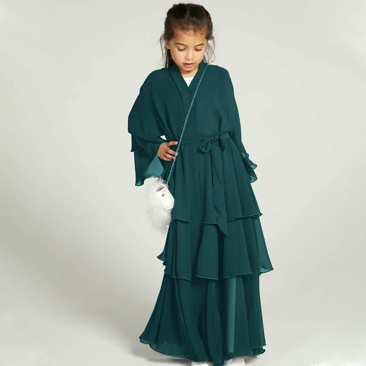Muslim Girl Abaya Kaftan Dress Dark Green 7-8Y Long Sleeve Eid Ramadan Wear