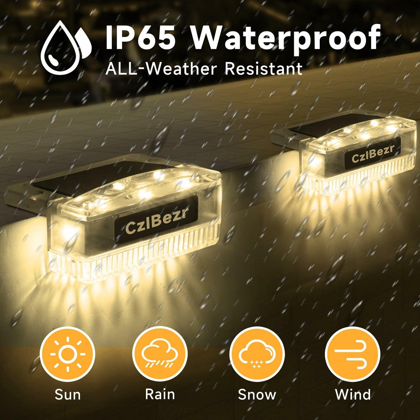 CzlBezr Solar Deck Lights 8 LEDs Outdoor Waterproof Warm Light 4Pack