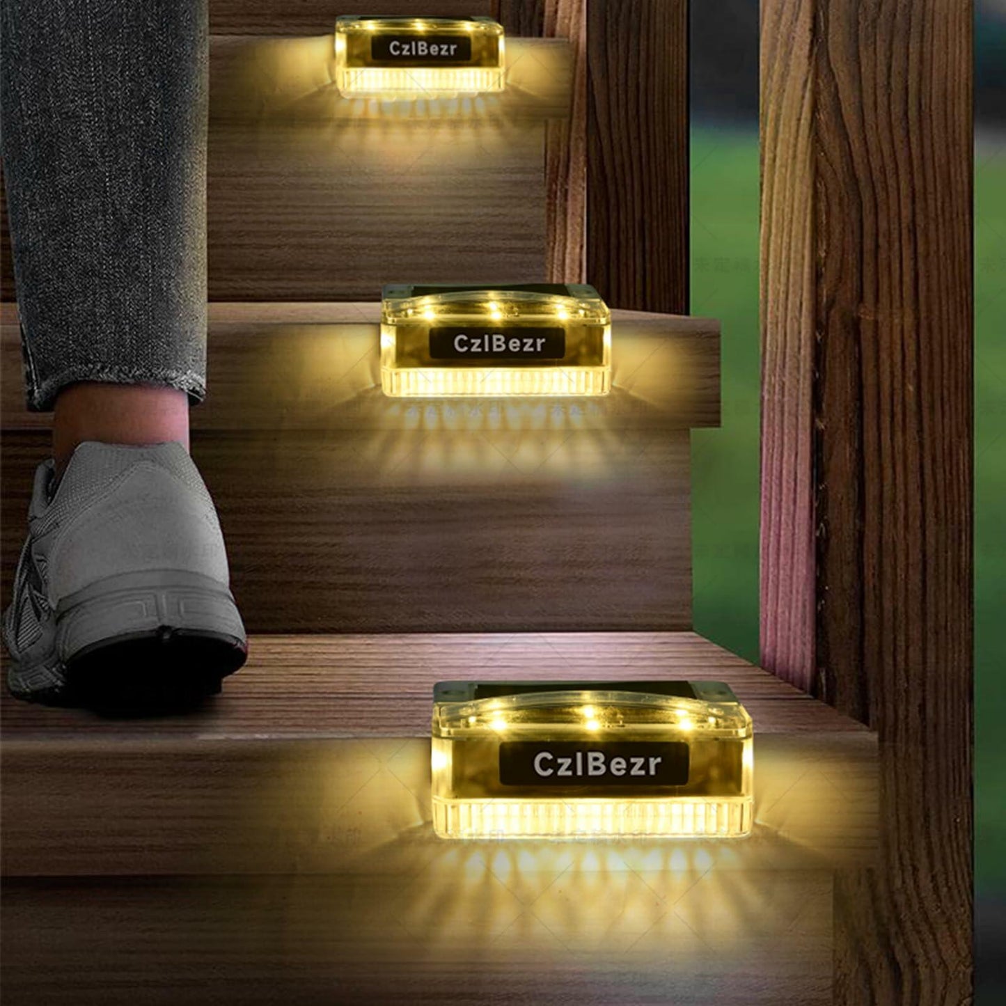 CzlBezr Solar Deck Lights 8 LEDs Outdoor Waterproof Warm Light 4Pack