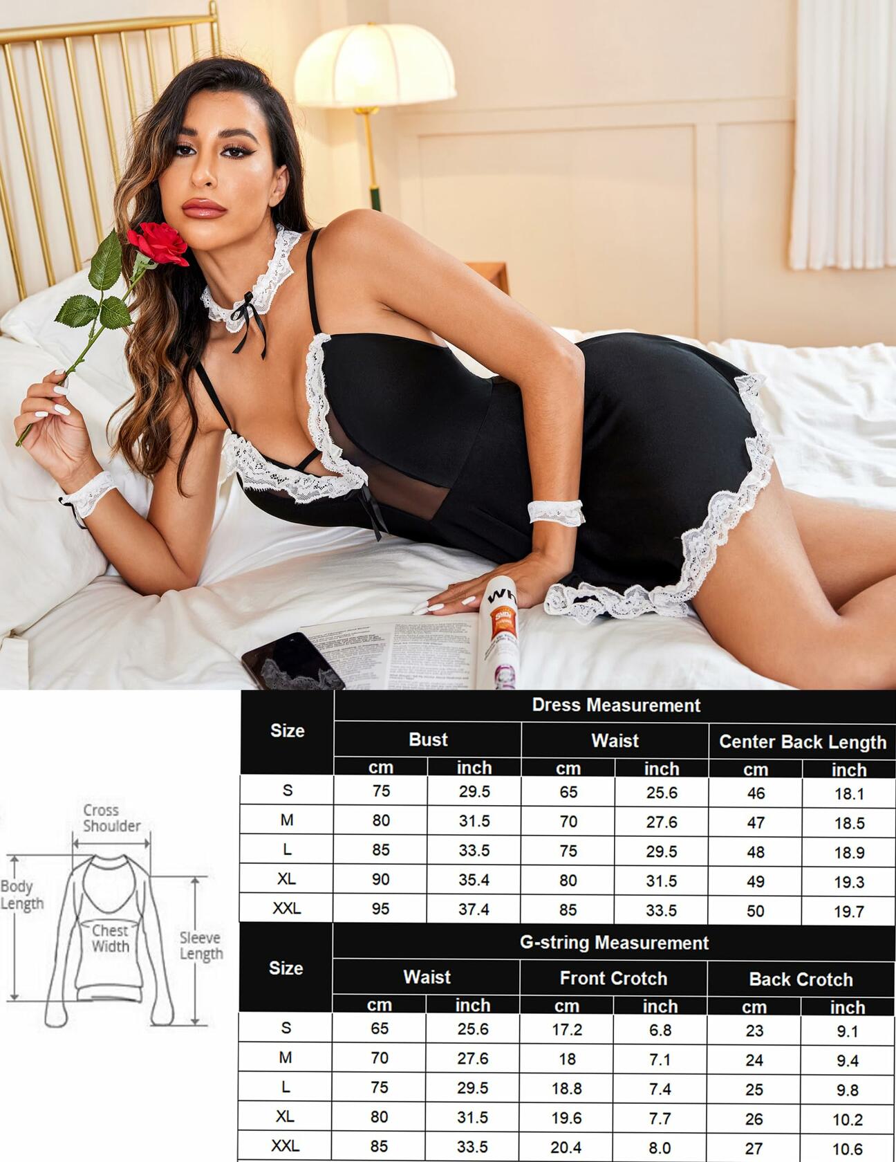 Avidlove Maid Contrast Lace Babydoll Dress Choker Black Size XXL