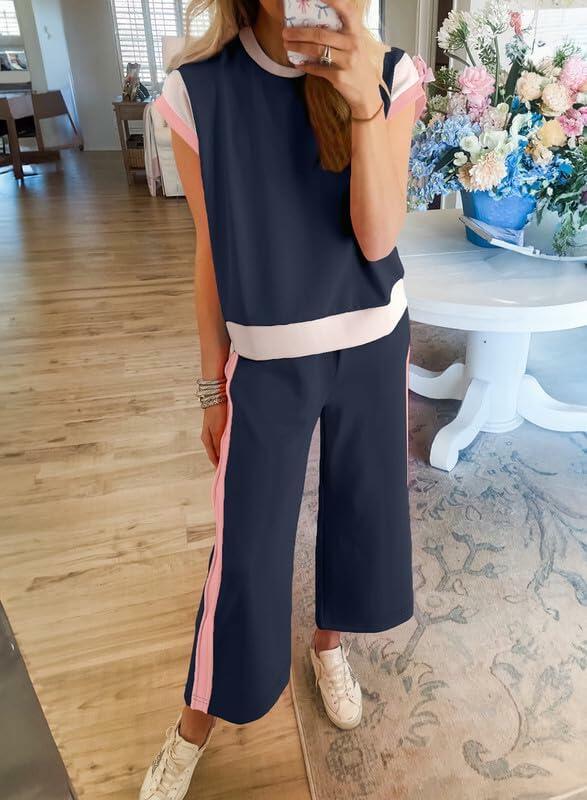 SHEWIN 2PC Women's Lounge Set Short Sleeve Top Wide Leg Pants Navy Blue Size S