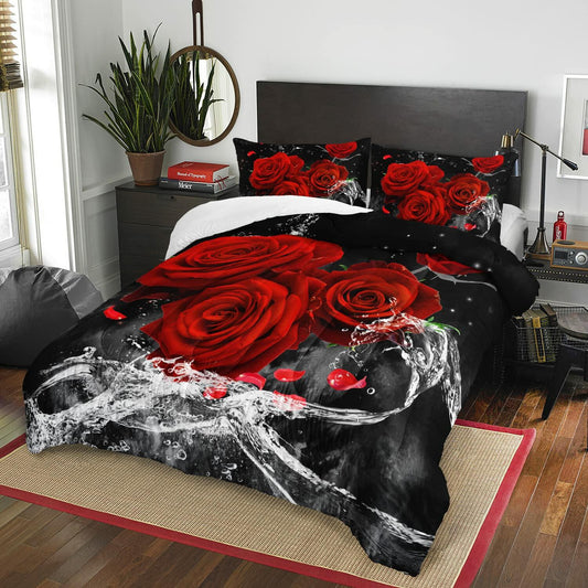 AILONEN 3D Oil Painting Red Rose Comforter Set Twin Size 3 Pieces
