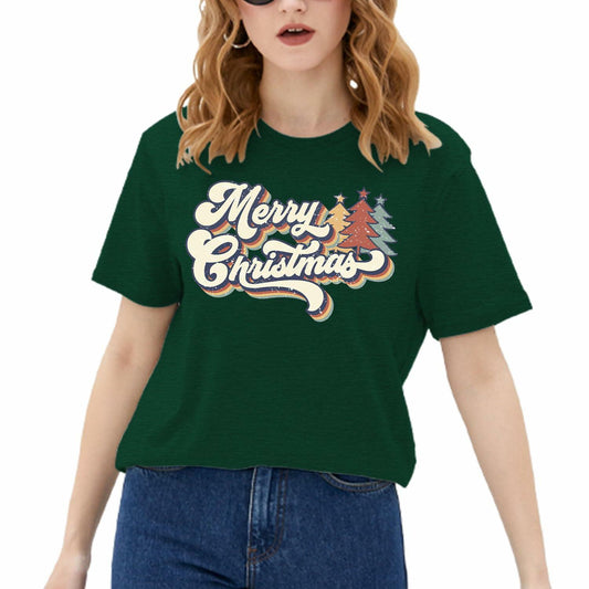 Merry Christmas Family Tee Shirt Women Vintage Xmas Top Green Size L